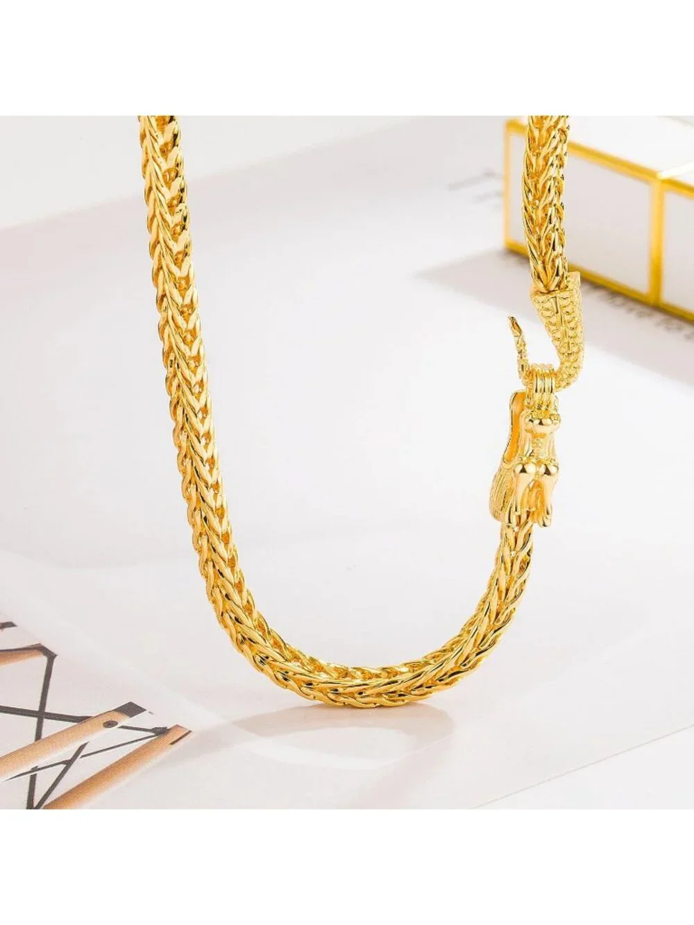 Men's Golden 925 Sterling Silver Dragon Necklace 5mm Franco Curb Link Chain